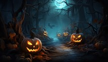Halloween background with pumpkins in dark forest - 3D render