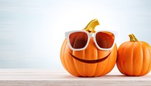 Halloween pumpkins with sunglasses on wooden table, 3d render