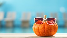 Pumpkin with sunglasses on a wooden table in front of swimming pool