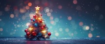 Christmas tree with red and gold baubles on dark blue background. 3D rendering