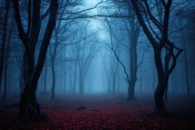 Mysterious dark forest in a foggy night. Halloween background