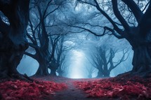 Mysterious dark forest with fog. Halloween concept. 3D Rendering