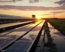 solar energy panels on the roof of a power plant at sunset