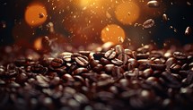 Coffee beans falling into the air with bokeh background