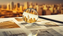 Magnifying glass on city background. 3d render. Business concept