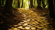 Path in the forest with golden coins in the evening. Beautiful nature background.