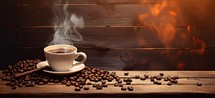Coffee cup and coffee beans on a wooden table in front of a fire