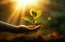 Human hand holding a green sprout in the ground with sunlight background