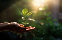 Human hand holding sprout with water drop on nature background. Ecology concept