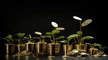 Gold coins and seedlings on black background. Financial growth concept.