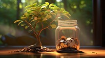 Coins in glass jar and tree on wooden table. Saving concept