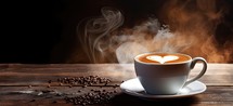 Coffee cup with steam on wooden table and dark background.