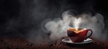 Coffee cup with steam on a dark background with copy space