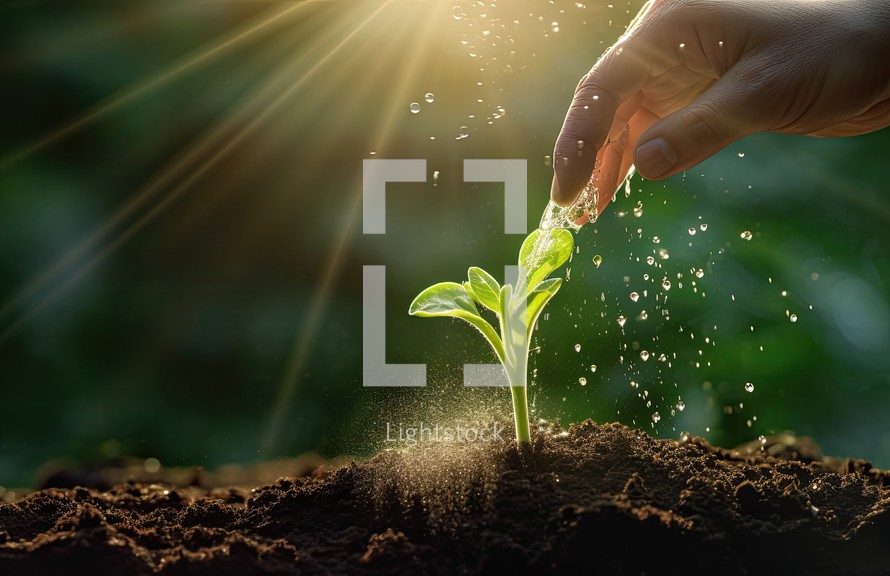 Human hand watering a green seedling growing in the soil with sunlight