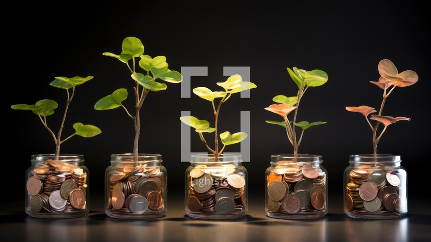 Investment concept, Coins in glass jar with tree growing on black background