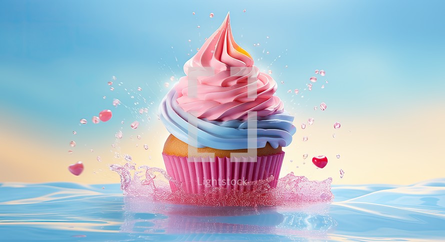Cupcake with pink cream and heart on the background of blue sky