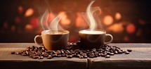 Coffee cups with coffee beans on wooden table and bokeh background