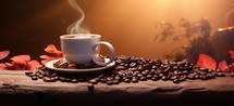 Coffee cup and coffee beans on wooden table with dark background