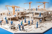3d rendering of construction site with crane and workers on blue background