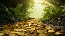 Golden coins on the ground in the forest with sun light and green leaf background