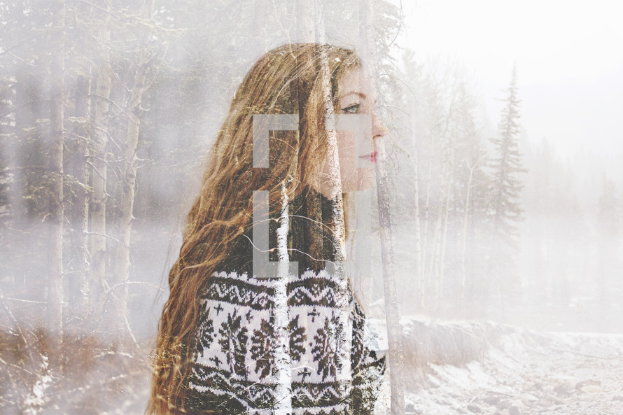 double exposure of girl and winter forest