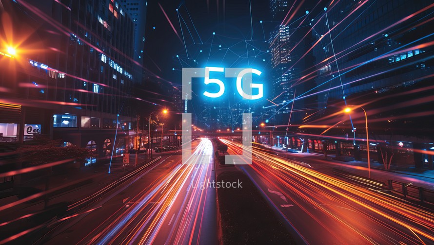 5G technology concept with light trails on the street at night.