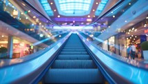Escalator leading upwards in colorful shopping mall