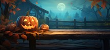 Halloween pumpkins on a wooden table in the forest. Halloween background
