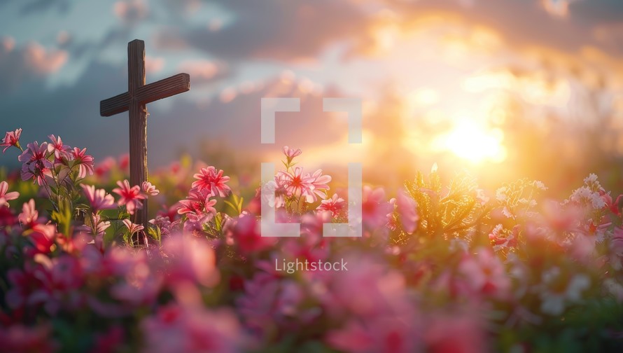 Wooden cross on the meadow with flowers in the sunset.