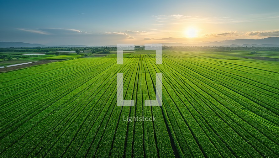  Aerial view of lush green agricultural field at sunset