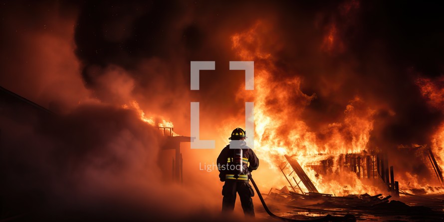 Firefighters extinguish a large fire in the city at night.
