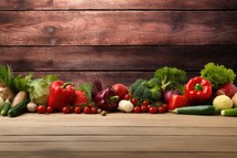 Fresh vegetables on wooden table. Healthy food background with copy space.