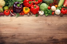 Fresh vegetables on wooden table. Healthy food background. Top view with copy space