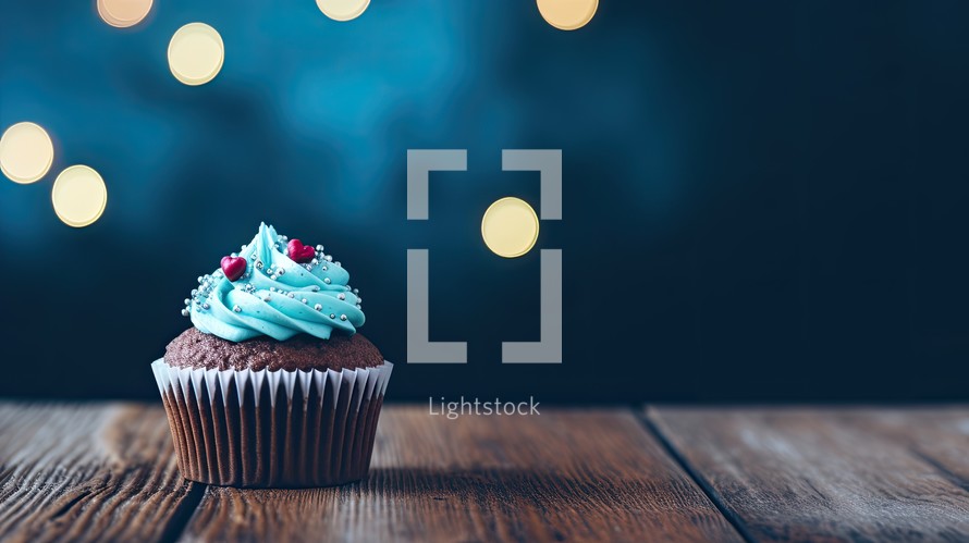 Cupcake with blue cream on a wooden table in front of bokeh background