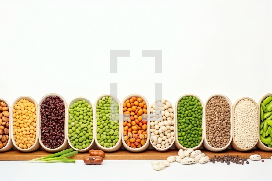 Assortment of beans in a wooden spoon on a white background.