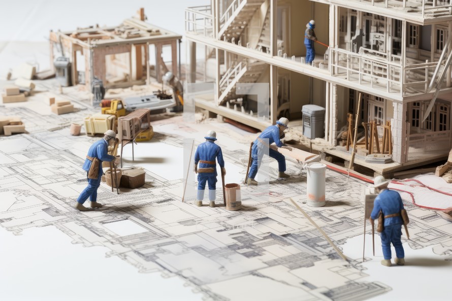 Miniature people : Construction workers working on construction site with model house