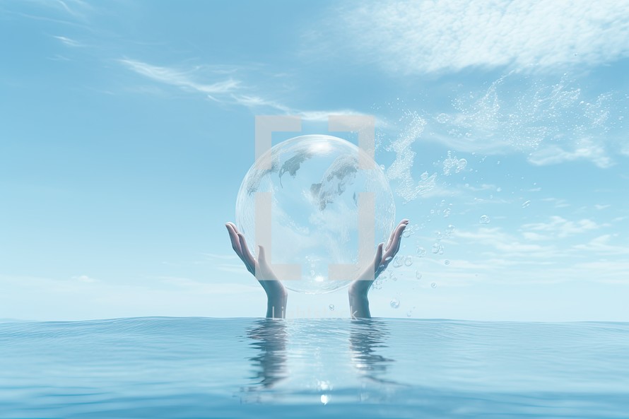 Crystal ball floating in water with hands cupped around it. 3D rendering