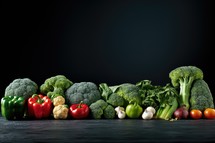 Group of fresh vegetables on black background. Healthy food concept with copy space.