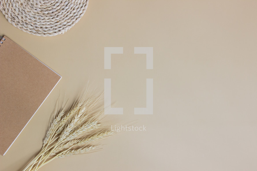 wheat and notebook on a tan background 