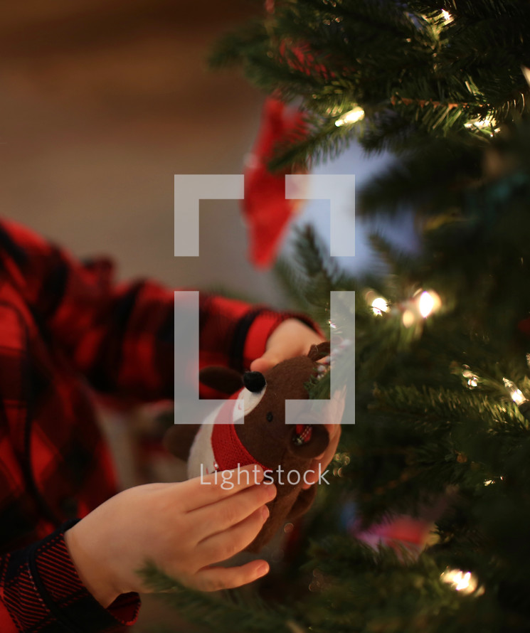 a boy child hanging an ornament on a Christmas tree 