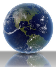 3D render of earth on white background with ground reflection. 
