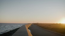 An English seaside during sunset