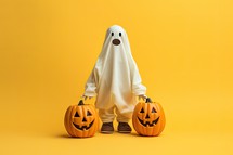 Halloween holiday concept. Funny ghost in halloween costume on yellow background