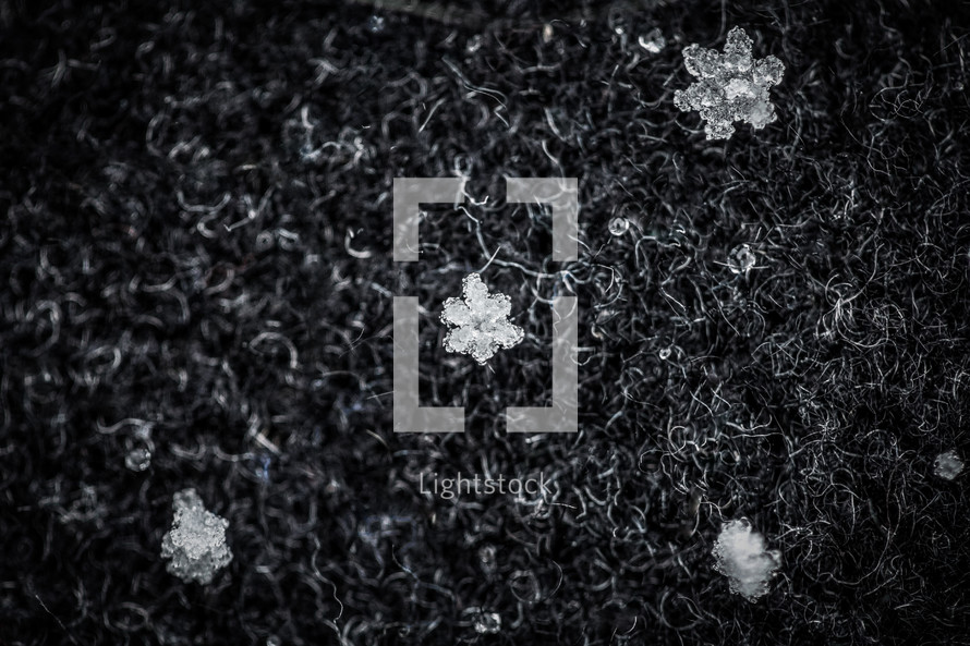 An up-close, macro photograph of the detail of a snowflake that has fallen on a black wool coat.