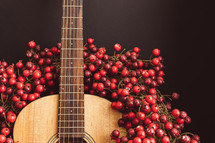 Winter berries on top of a guitar  