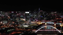 Night Aerial View of Downtown Nashville, Tennessee City Lights Captured in Drone Shot in 4K	