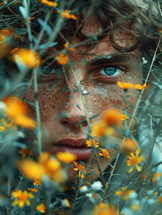 Close-up portrait of a beautiful boy with wildflowers.