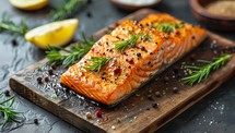 Grilled salmon fillet with rosemary and spices on wooden board