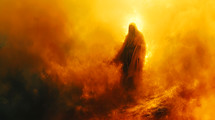 Silhouette of Jesus Christ on the background of yellow smoke.