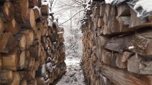 A pile of Firewood stacked in a heap, prepared for the winter heating in cold season countryside
